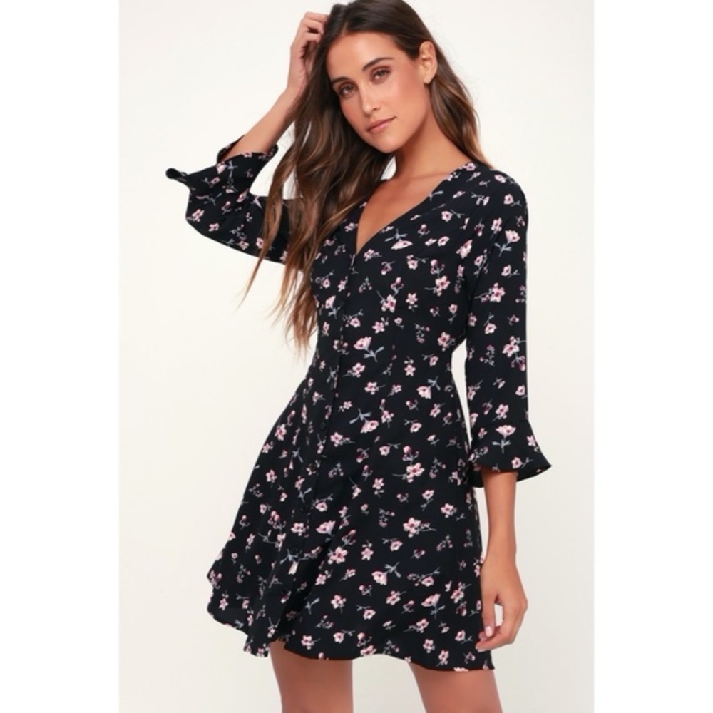 Lulu's Love Blossoms Floral Button Up Flounce Sleeve Mini Dress‎